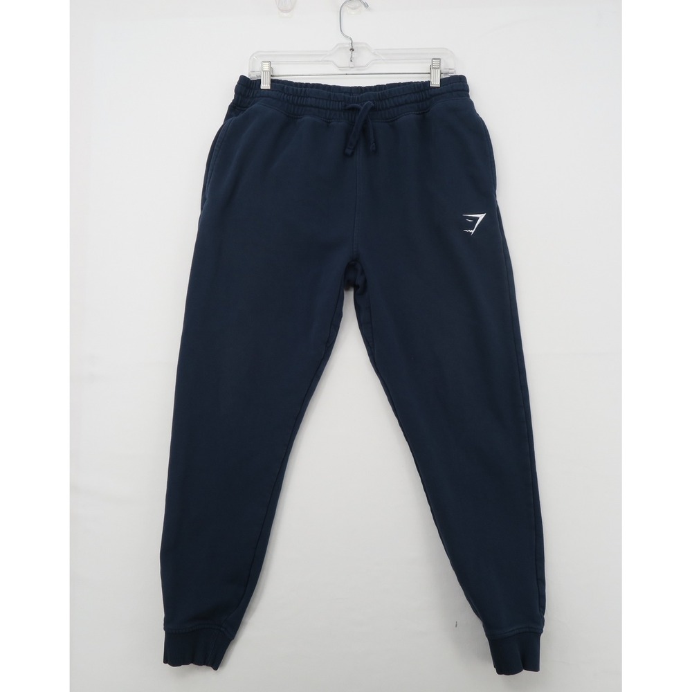 Gymshark Men Crest Joggers Navy Blue Fleece Sweatpants Large Logo Training Pants